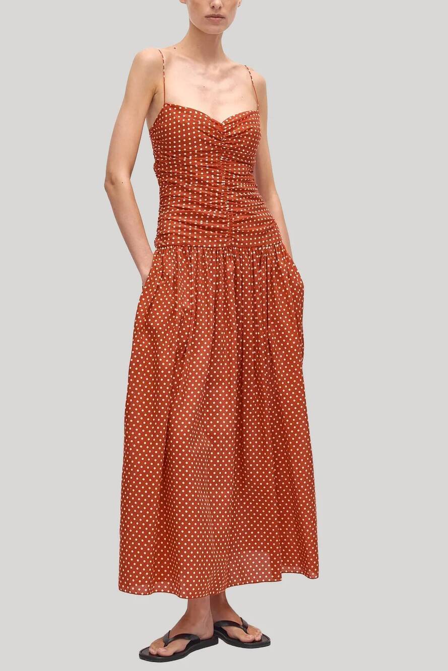 NEW MATTEAU women's gathered drop waist dress in polka dot tomato